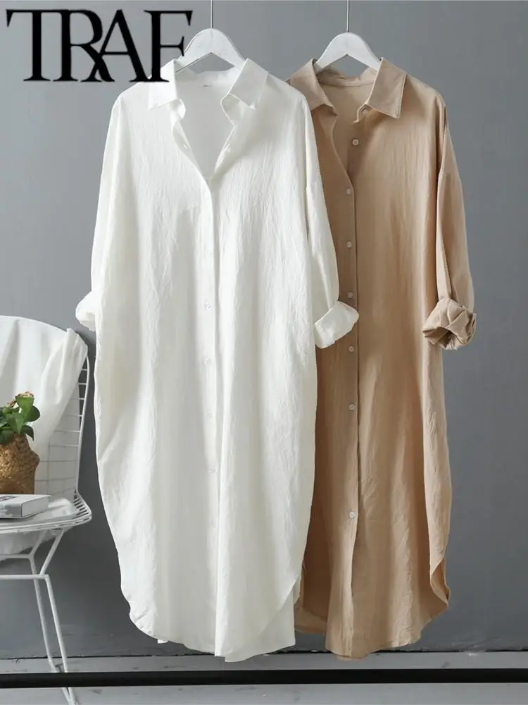 TRAF GAL White Shirt Dress for Women Oversize Casual Linen Cotton Loose Lady Dress Long Sleeve Midi Long Blouse Dress