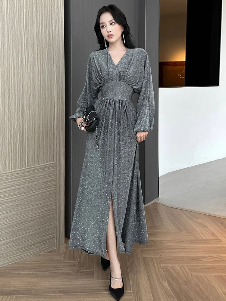 

High Waist V-Ne Fi Tail Dr Sexy Slit Long Sve Slimming Bodycon High Elastici Autumn Winter Faion Dr