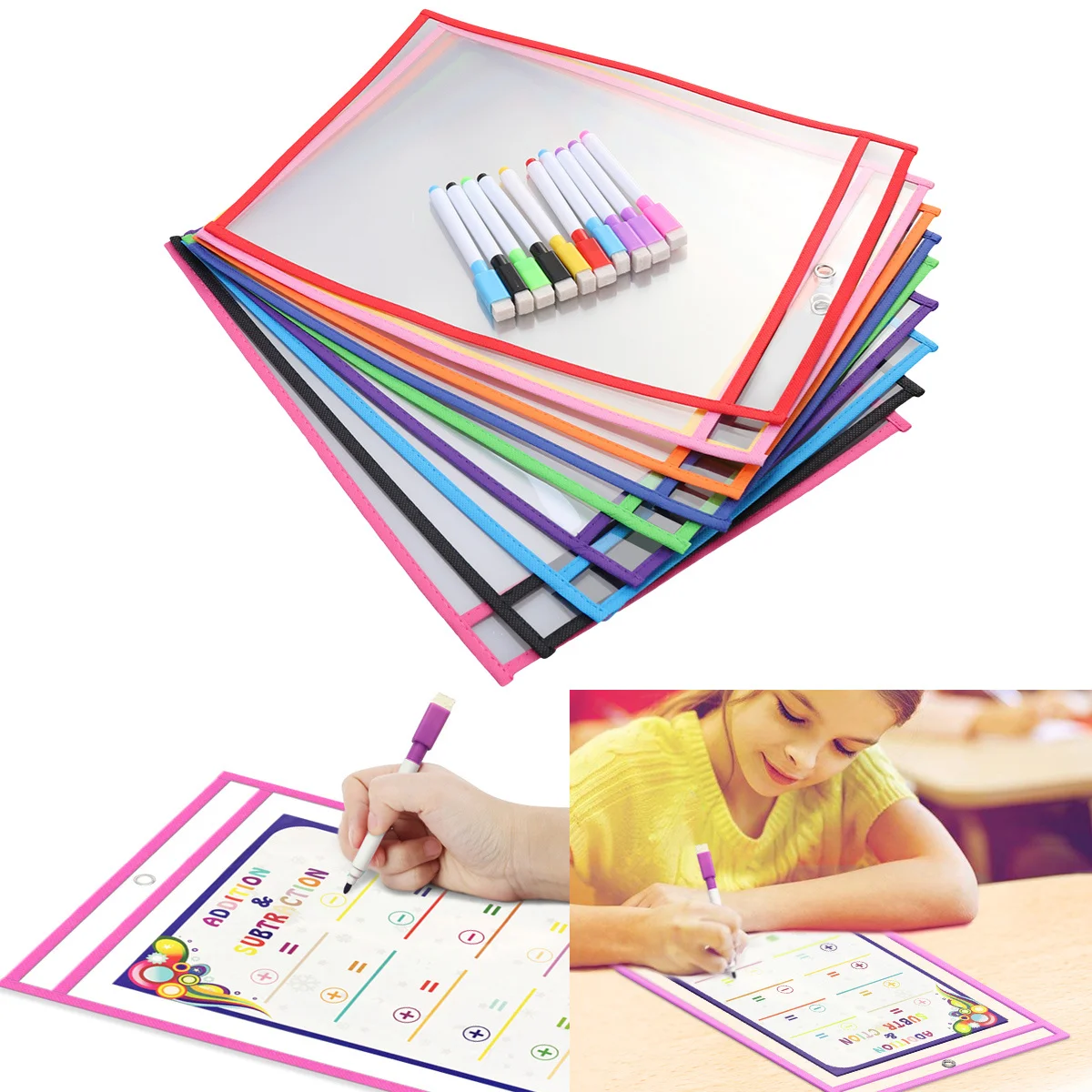 

Dry Erase Pocket Set 10 pcs Reusable Transparent PVC Bags for Education Tools Classroom Organization School Stationery Supplies