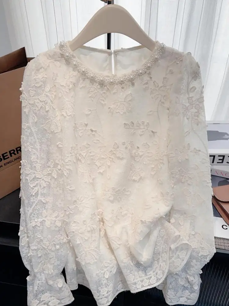 

French Vintage Women White Lace Elegant Hollow Out Long Sleeve Shirt 2024 New Autumn Winter Pearl Round Neck Holiday Blouse Tops