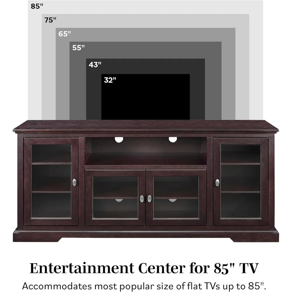 TV용 클래식 유리 문짝 보관 TV 콘솔, 최대 80 인치, 70 인치, 에스프레소 다크 브라운, 벽난로가있는 TV 스탠드