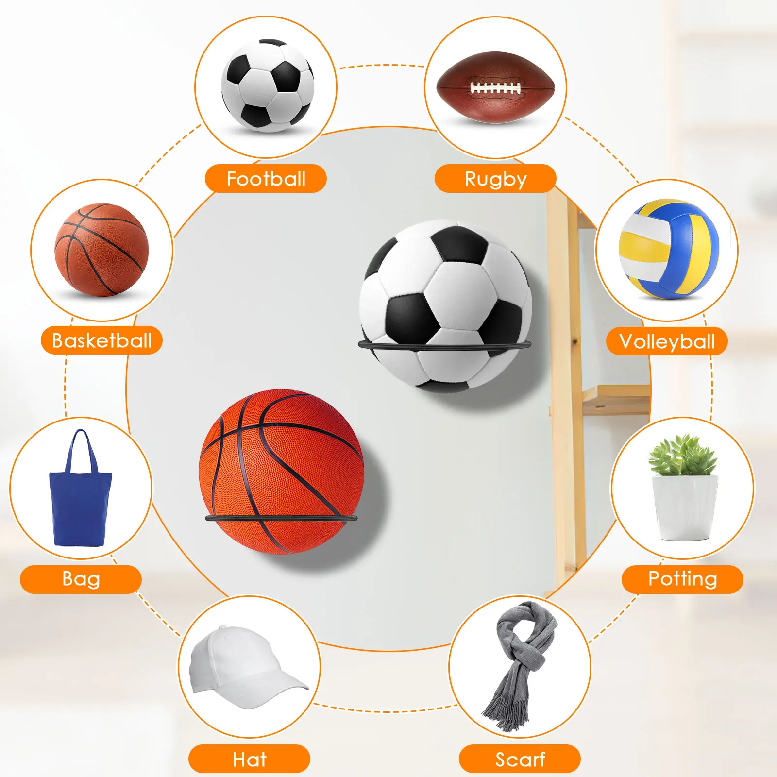6Pcs Football Display Shelf Ball Holder Wall Mounted Basketball Storage Rack Living Room Decor Ball Rack Wall Storage Rack Stand view 4