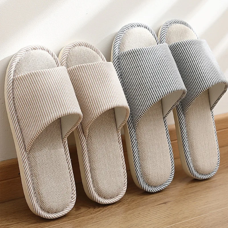 Men Slip-Resistant Linen Slippers Spring Autumn Breathable Women House Shoes for Indoor Use Non-Slip Stripe Design with Open Toe