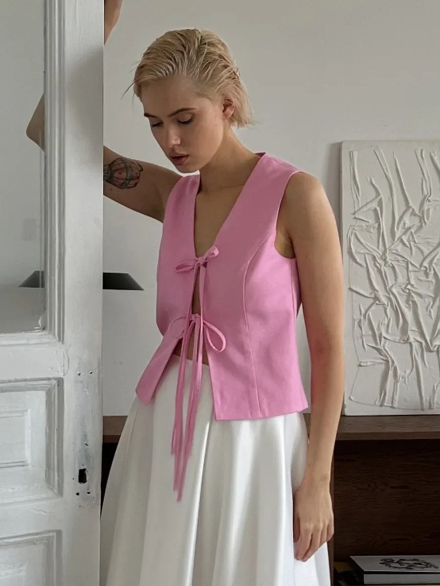 Sumuyoo 2026 Spring and Summer New Pink Strap Vest Women's French V-Neck Sleeveless Outer Wear Slim-fitting Tank Top