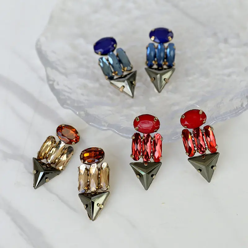 Geometric Splicing Crystal Glass Stud Earrings Multi Color Available Trendy Personality Minimalist Ear Jewelry Versatile Women