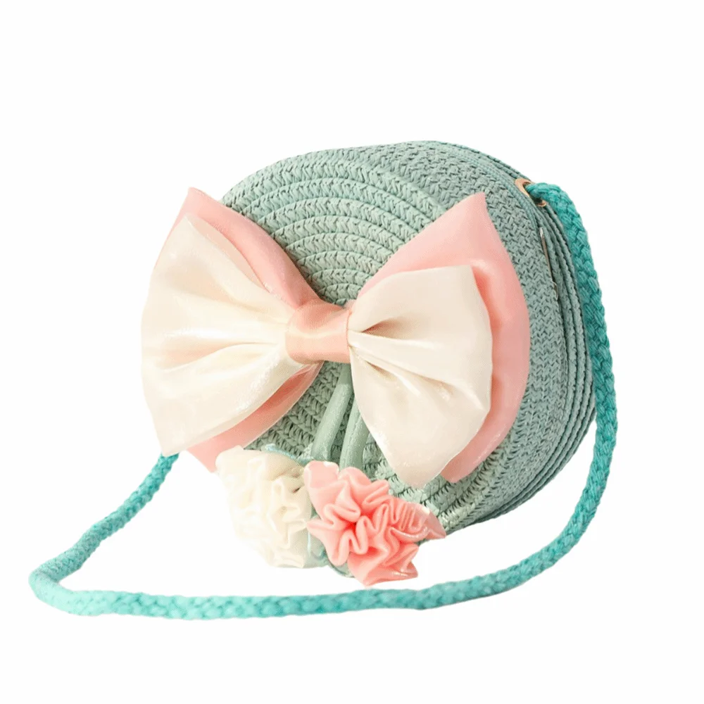 

Small Size Straw Shoulder Bag Flower Design Round Shape Woven Handbag Bow Decoration Hand Made Mini Round Bag Beach Use