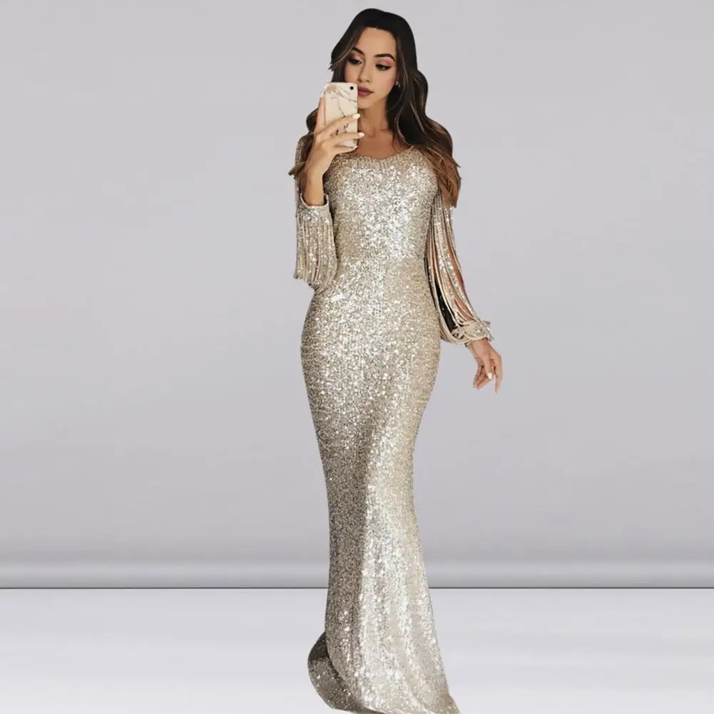 Sequin Maxi Dress Elegant Sequin Fishtail Evening Dress with Tassel Sleeves V Neck for Women for Prom Cocktail Party Special