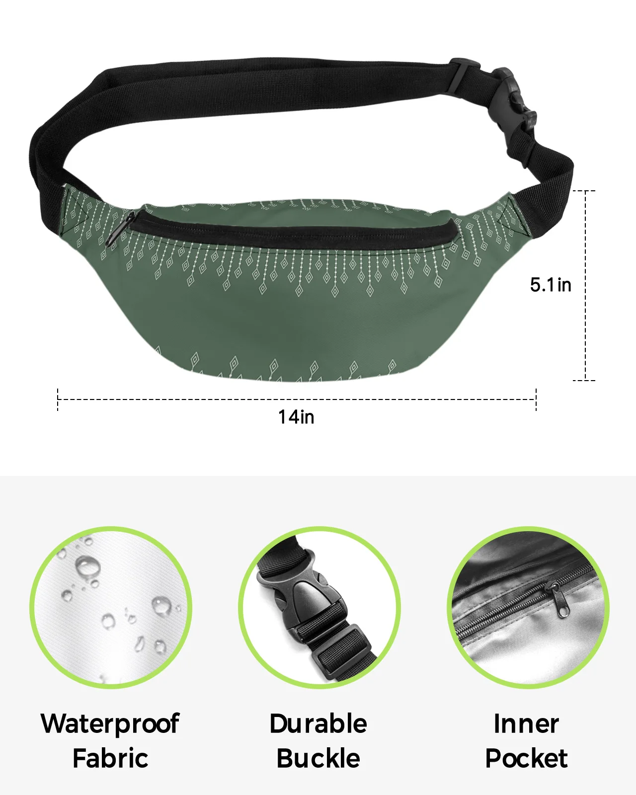 Sac banane vert bohème pour hommes et femmes, sac banane, sacs de hanche, sacs de ceinture pour téléphone, grand portefeuille, poudres, gels imperméables, lignes géométriques