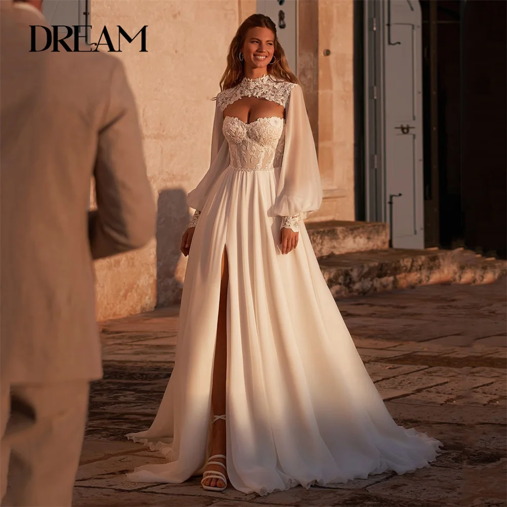 

Elegant A-Line Lace Wedding Dress 2025 Long Sleeve Open Back Applique Split Sweetheart Bridal Gown Vestido De Novia Customized