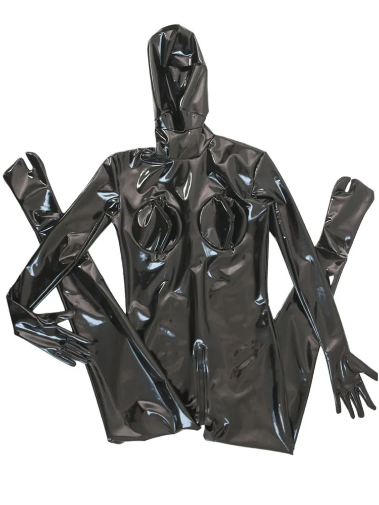 

Hooded Wet Look PVC Catsuit 3D Bust Finger Bodystocking Shiny PU Leather Bodysuit Tight Leotard Conjoined Cosplay Zentai Unitard