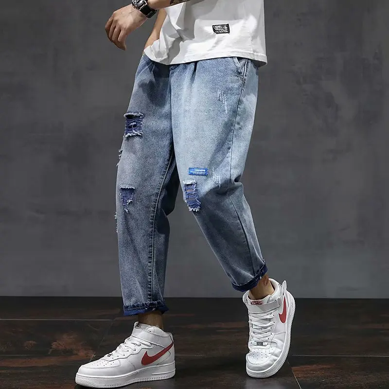 

Summer Youth Casual Light Blue Straight Leg Stretchy Jeans Destroyed Look Nine-Tenths Length Polyester Fiber Zipper Closure