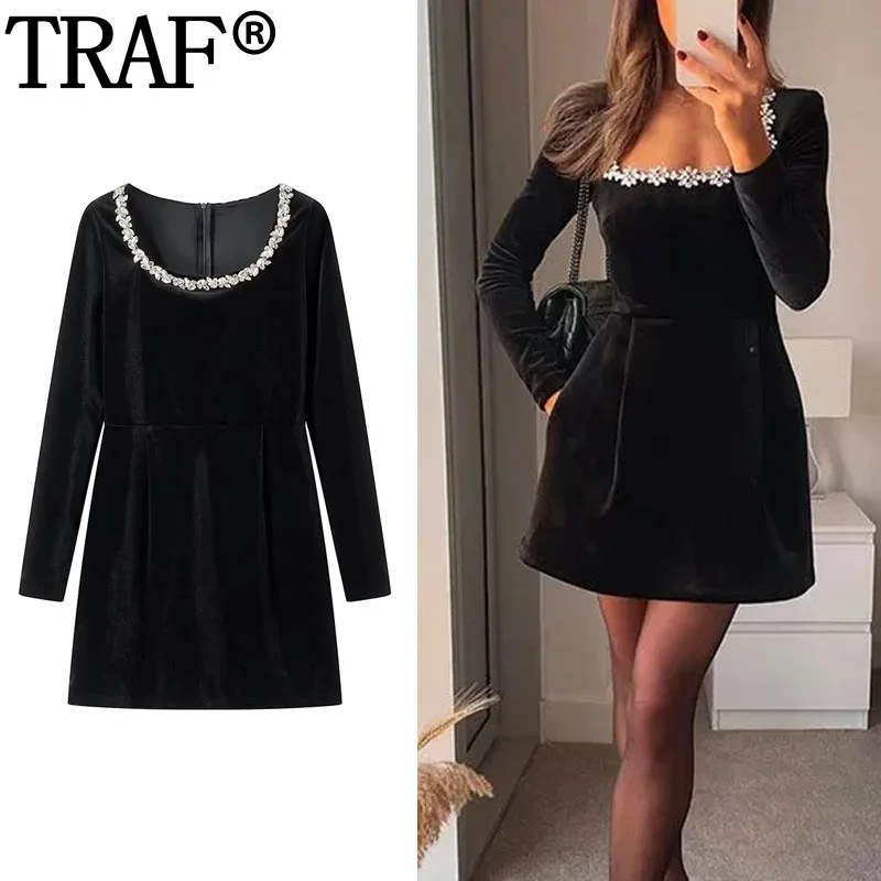 TRAF Rhinestone Black Dresses Woman Long Sleeve Velvet Mini Dress Spring Chic And Elegant Party Dresses Casual Short Dresses