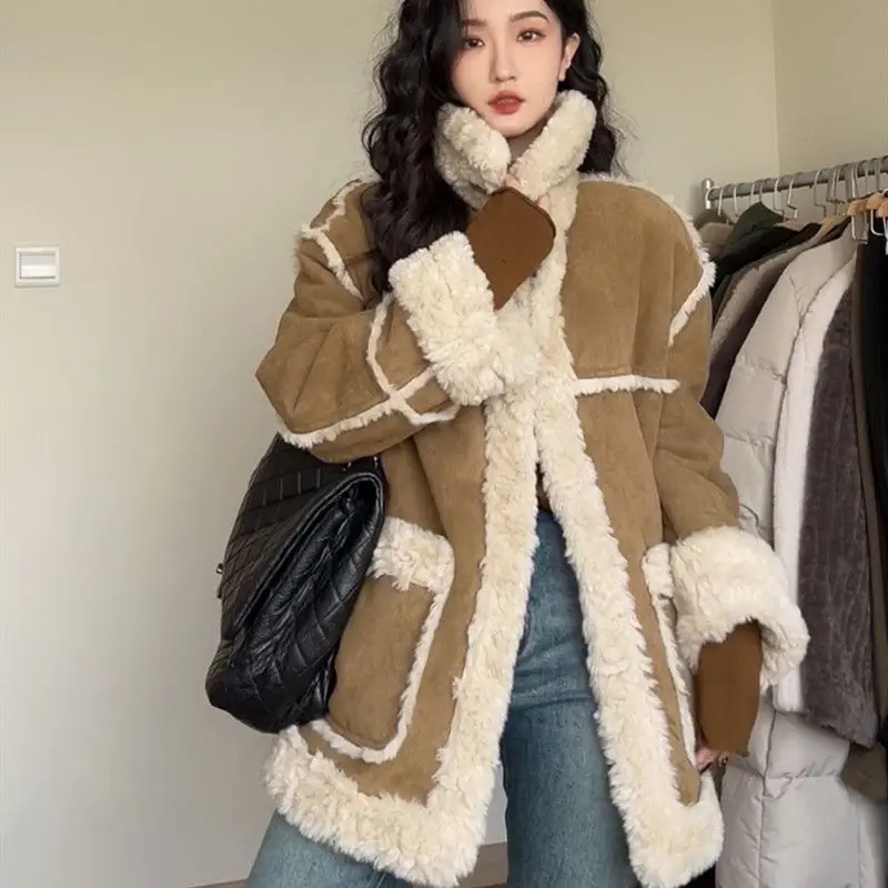 Winter Warm Overcoats Women Outwear Casual Y2k Office Lady Vintage Faux Fur Wool Coat Ladies Korean Fashion Khaki Jackets Chic