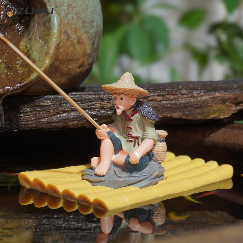 ▶ 1 Stück PVC Gartenfigur Bambusfloß-Alter Fischermann Figur für Garten Schwimmende Aquarium-Dekoration Außendekoration