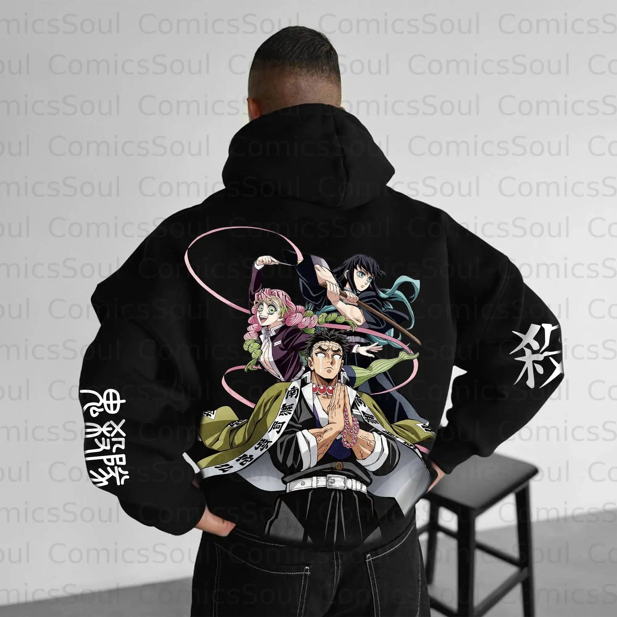 Black Kimetsu No Yaiba Hoodie Set with Main Characters Back Print Pink Ribbon Design Sleeve Japanese Text Pattern Two Piece