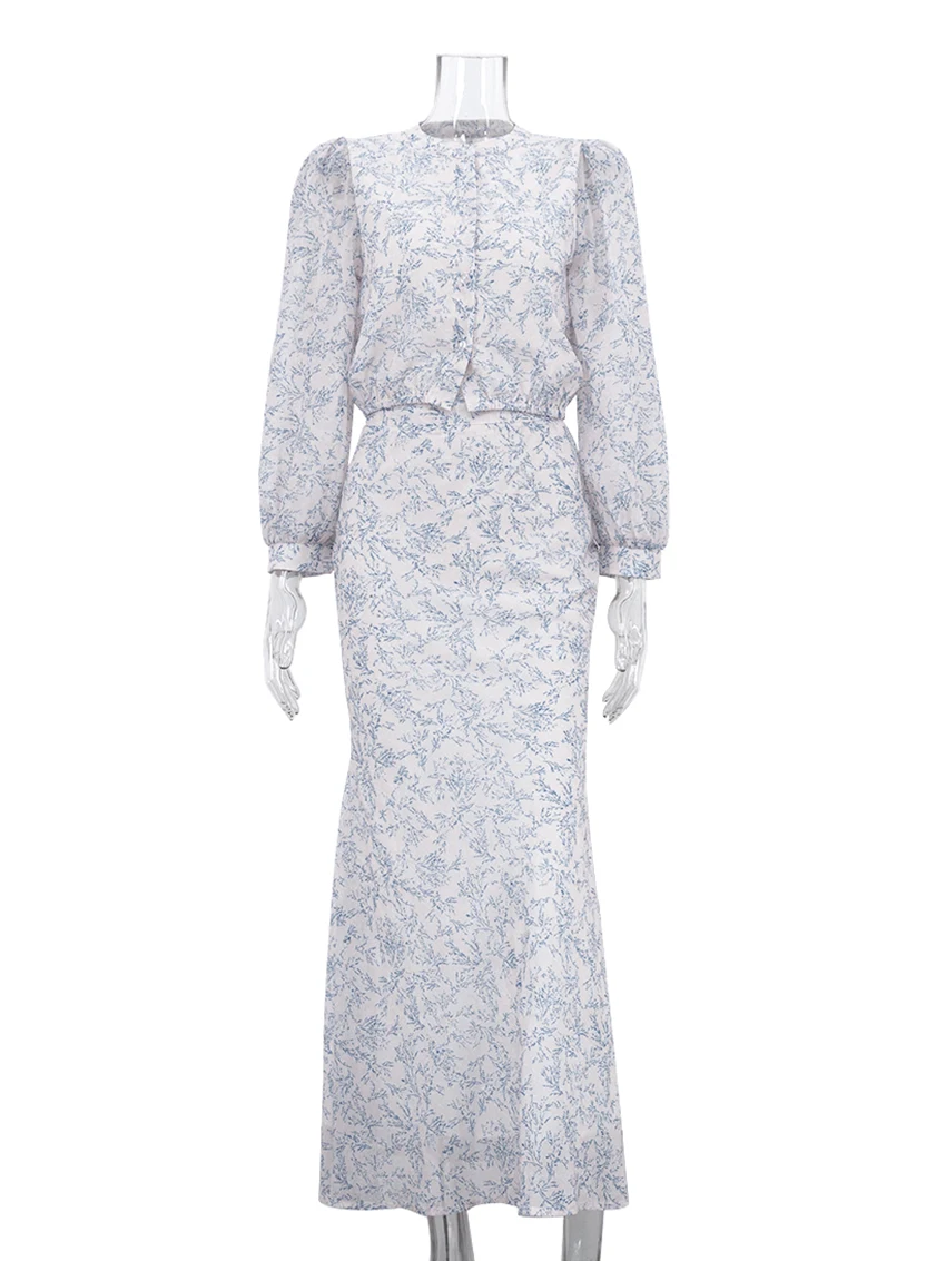 Marthaqiqi Fashion Female Nightgown Suit Long Sleeve Pajama O-Neck Nightie Crop Top Nightwear Long Skirts Printing Sleepwear Set