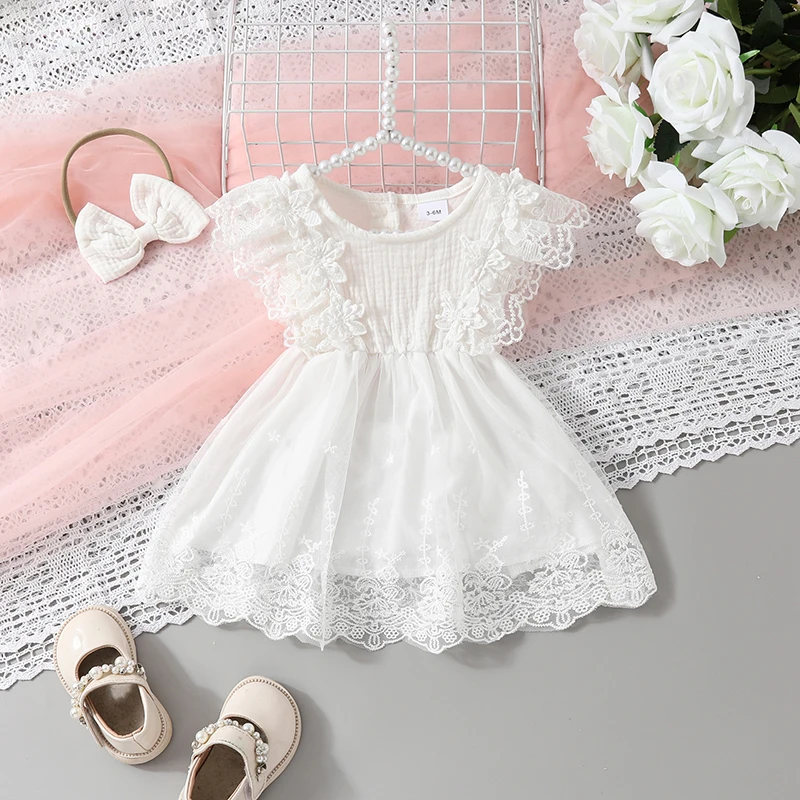 Baby Girl 2 piece Outfit Fly Sleeve Crew Neck Lace Patchwork A-line Princess Dress with Headband Summer Girls Sundress Outfit