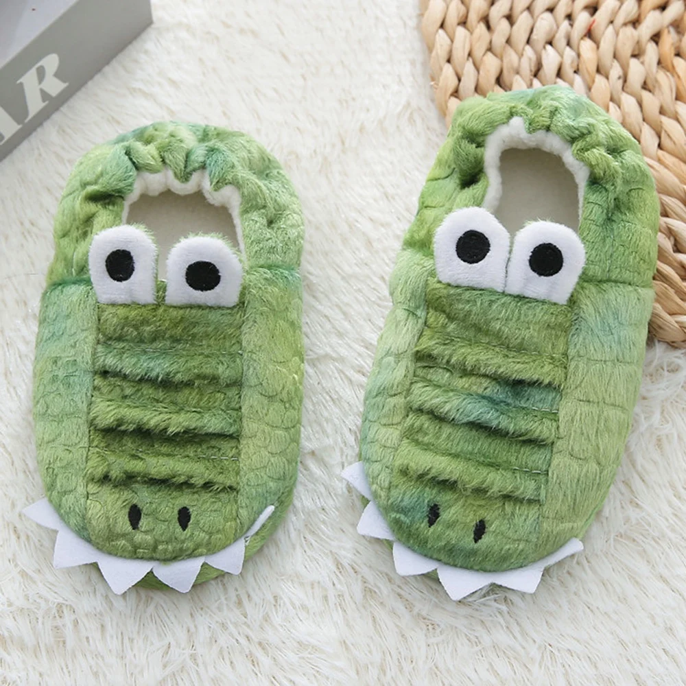 Toddler Boy Slippers Cartoon Crocodiles Plush Warm Shoe Kids Winter House Shoes Soft Rubber Sole Home Indoor Footwear Baby Items