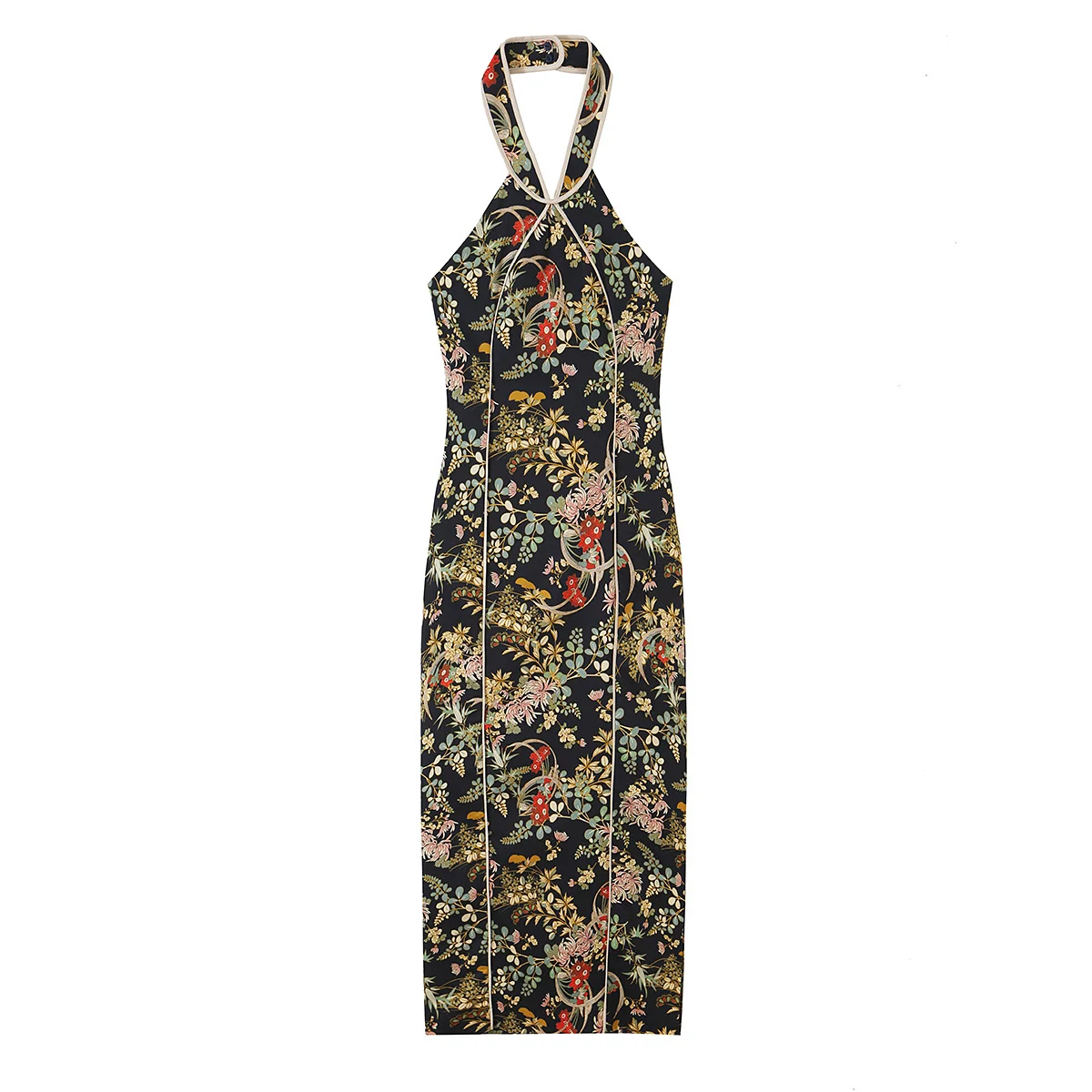 Elegantes Damenkleid mit Neckholder-Ausschnitt, ärmellos, mit Blumenmuster, Midi-Länge, chinesischer Stil, figurbetontes Kleid, modisches, sexy, rückenfreies Damenoutfit. – Detail 2
