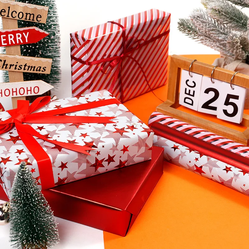 17" x 120" Weihnachts-Geschenkpapierrolle, rot, weiß, metallische Farbe, Sterne, Streifen, Geschenke, Muster für frohe Weihnachten, Geburtstagsfeier