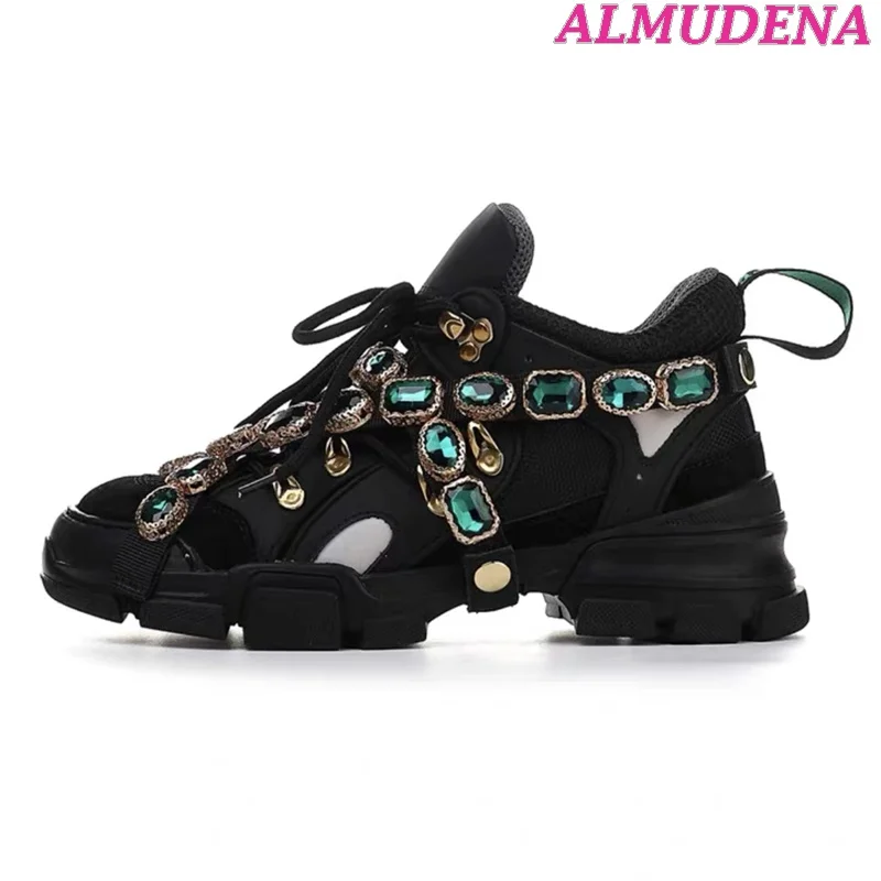 Men and Women Luxury Gem Chain Sneakers Real Leather Top Quality Lace up Crystal Hiking Shoes 2023 Trend Designer Soprts Shoes