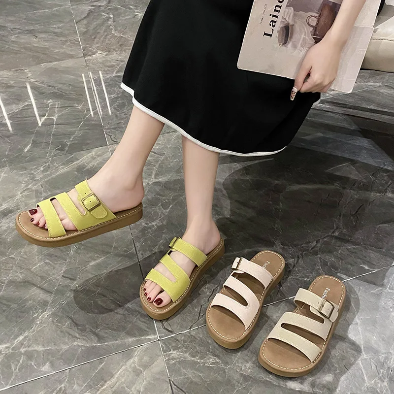 

New Low House Slippers Platform Shoes Slides Cover Toe Mules for Women 2025 Soft Flat Rubber Hoof Heels PU Basic Casual Slipper