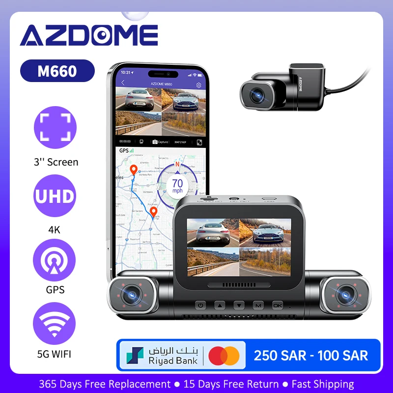 AZDOME M660 Car DVR 4 Channel 360° Dash Cam Front Rear Inside 128G EMMC WIFI GPS Dash Camera for Cars 2.5K+1K+1K+1K Parking Mode