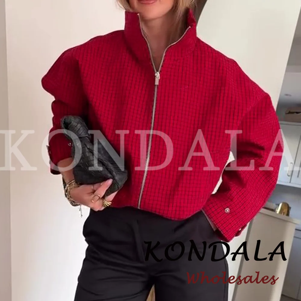 KONDALA Vintage Damen Pilotenjacken Rot Kariert Waffelstrick Stehkragen Lockerer Reißverschluss Langarm Streetwear Herbst Freizeitjacken – Detail 4
