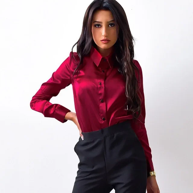 

Amazon AliExpress Hot Selling European and American Satin Small Shirt Long Sleeved Lapel Button Top Women's Clothing