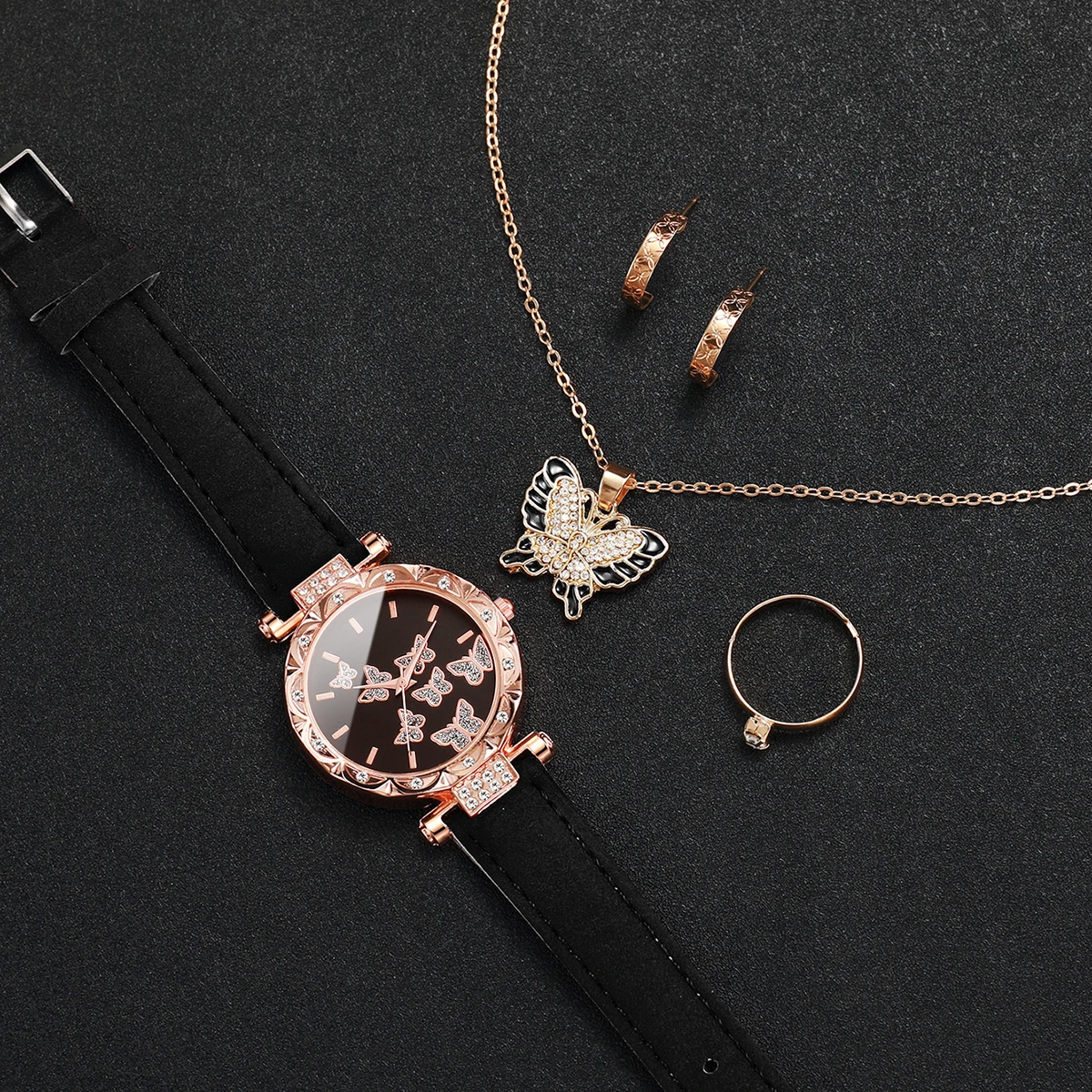 5 Stks/set Vrouwen Lederen Band Vlinder Quartz Horloge Met Sieraden Set Voor Dames