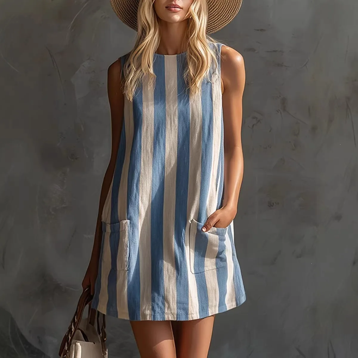 

2026 Women Summer Striped Cotton Linen Sleeveless Mini Dress O-neck Color Blocking Striped Pullover Loose Pocket Vacation Dress