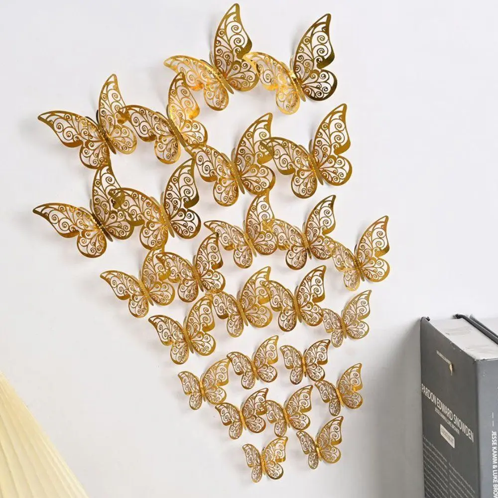 Calcomanías de mariposa 3D, calcomanías de pared huecas, decoración artística de mariposas, pegatinas de decoración del hogar para fiesta de boda, 12 unids/lote por paquete