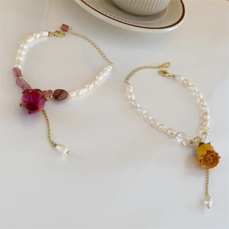 French Luxury Style Imitation Pearl, Dried Flower Rose Bracelet Women's High End Luxury Banquet Jewelry Bracelet