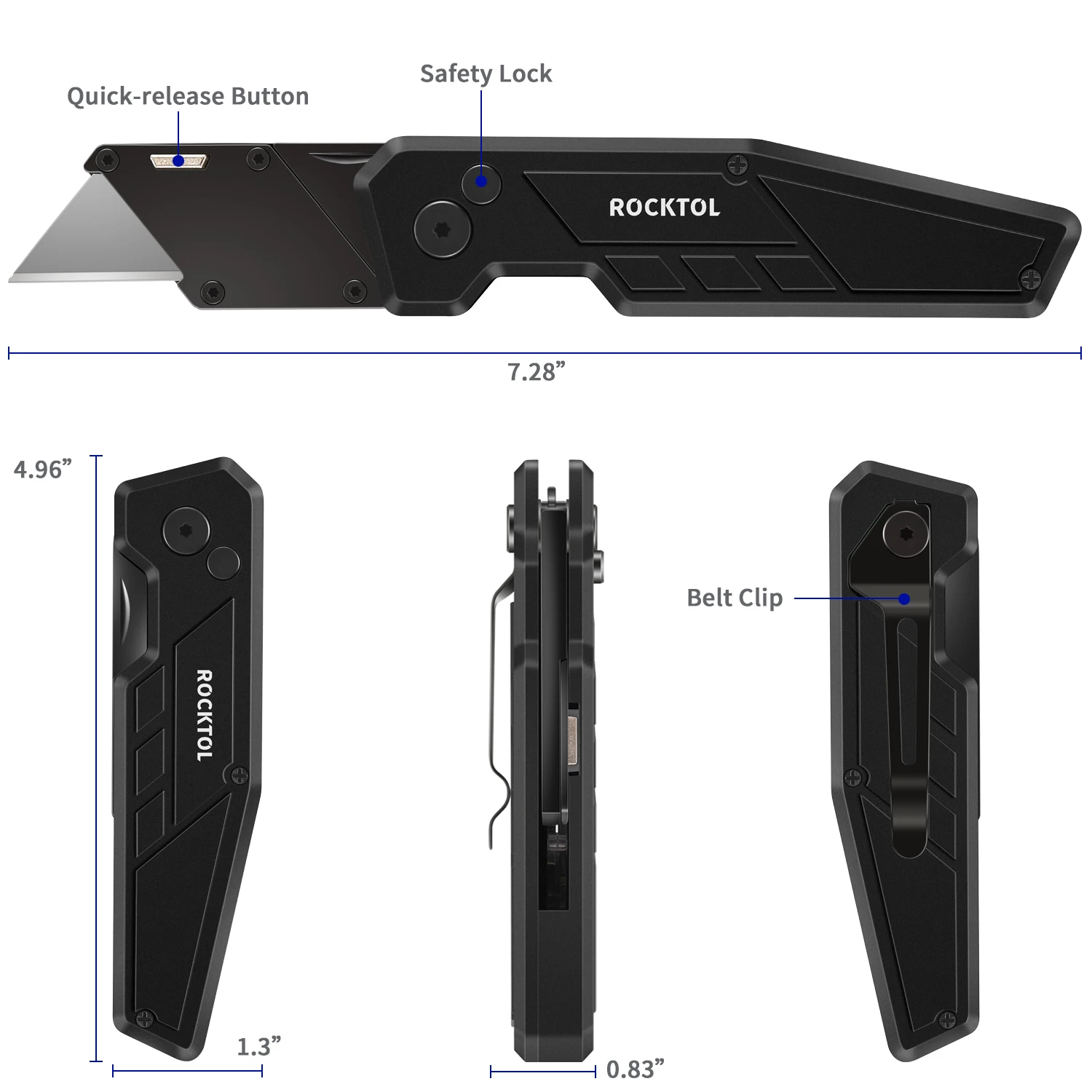 ROCKTOL 1-Pack Folding Utility Knife, Lightweight Reinforced Handle, Quick-change Blade, Button Lock, with 5 Extra Blades