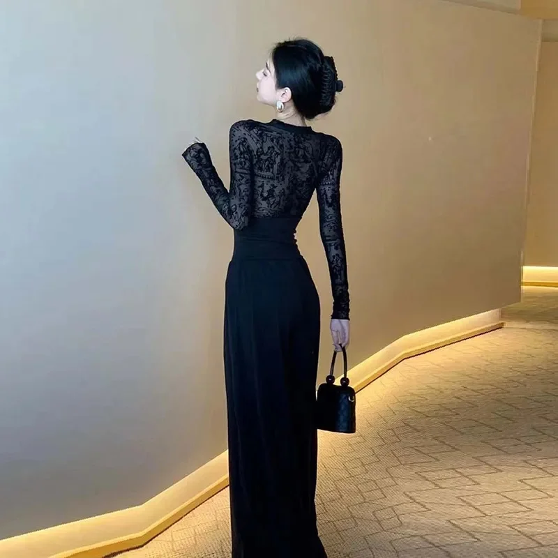 Fashion Simple Atmosphere Spring/Summer Black French High Setting Temperament Celebrity Goddess Fan Light Luxury Show Thin Dress