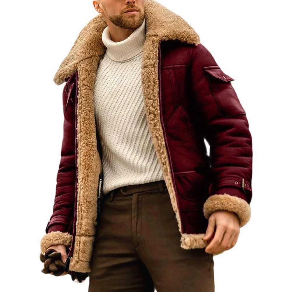 All in One Winter Men\'s Thickened Imitation Leather Jacket with Casual Lapel Neckline and Long Sleeves for Spring to Winter Use