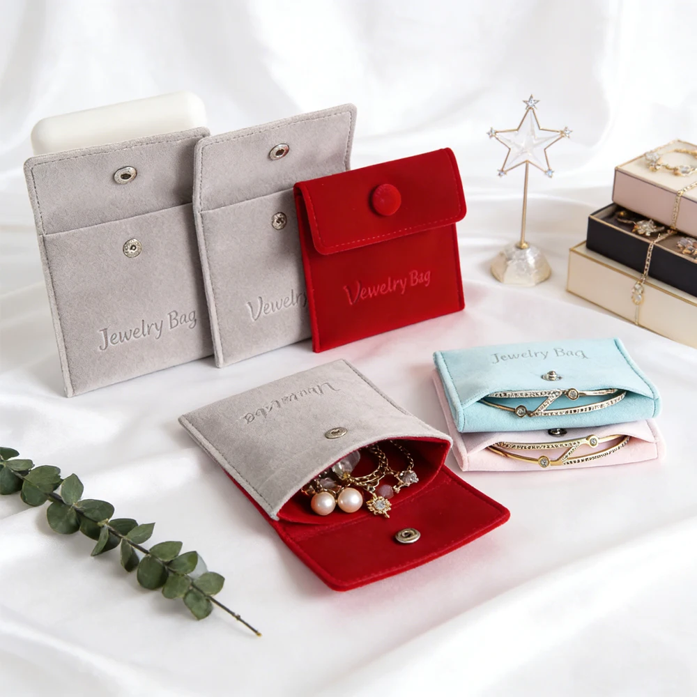 

100Pcs/Lot Velvet Jewelry Bag Custom Logo Snap Button Packaging Pouch Traveling Necklace Earrings Ring Storage Organizer Sack