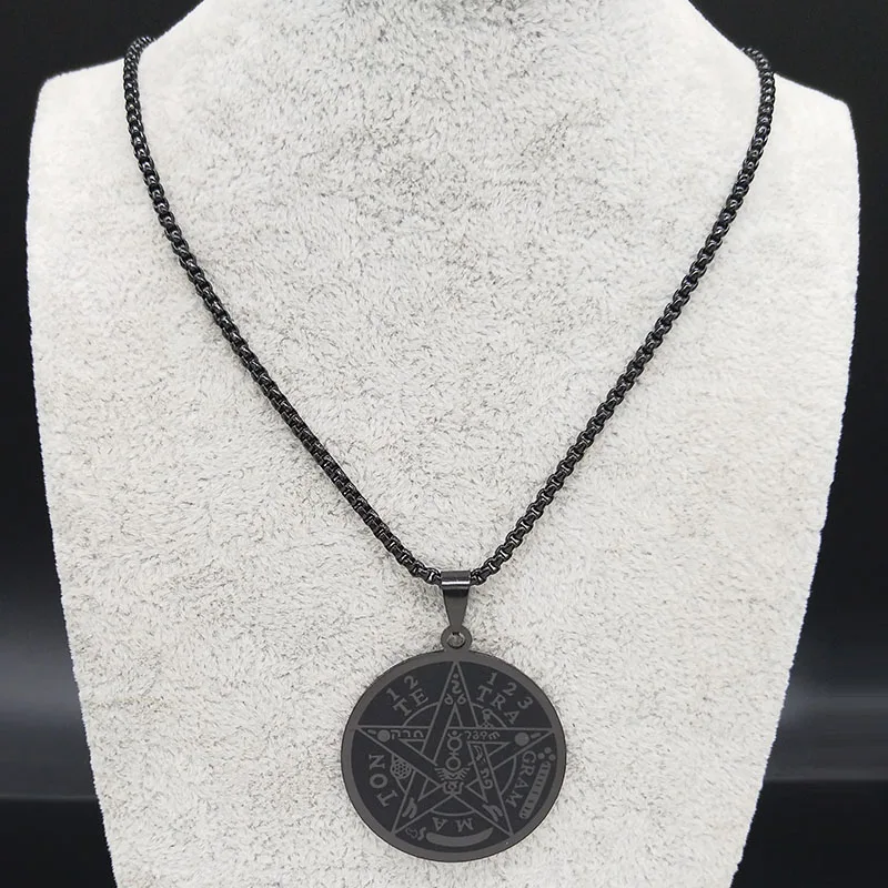 Witchcraft Pentagram Stainless Steel Necklace for Men Black Color Tetragrammaton Jewish Male Chain Jewerly joyas N1163S06