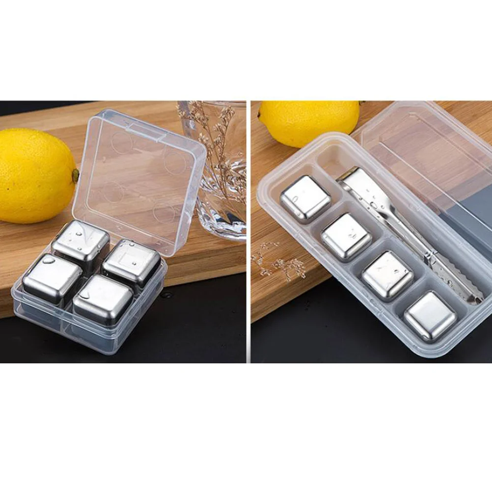 

4Pcs Stainless Steel Ice Cubes Square Reusable Chilling Stones for Whiskey Vodka Wine Liqueurs Beer with Storage Case