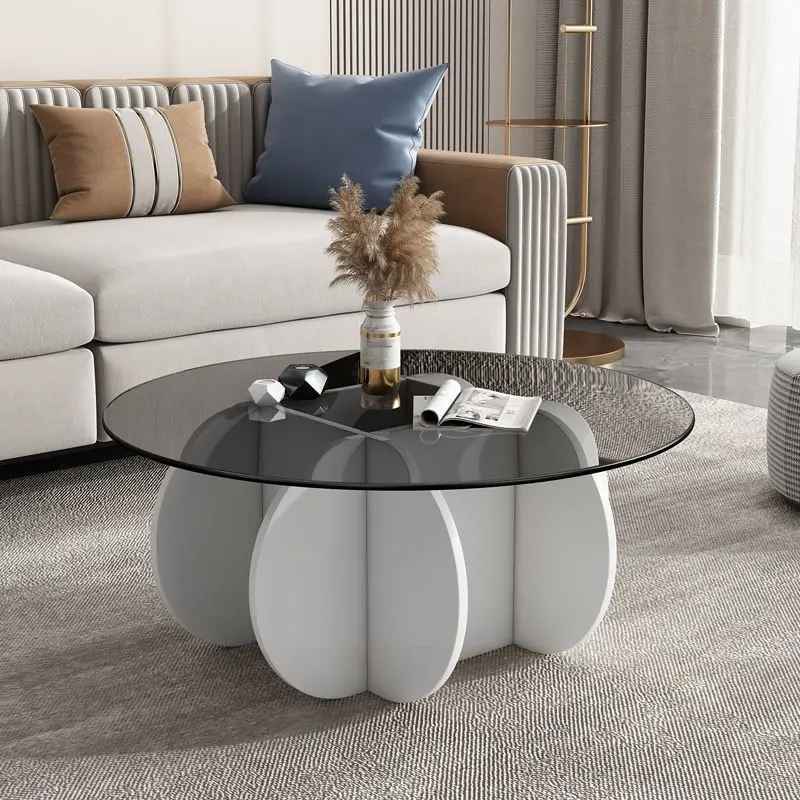 Glass coffee table, light luxury, modern living room, household small unit, rock slab circular tea table, minimalist