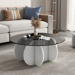 Glass coffee table, light luxury, modern living room, household small unit, rock slab circular tea table, minimalist