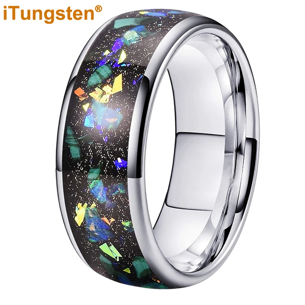 

iTungsten 8mm New In Rings Mens Womens Tungsten Engagement Wedding Band Opal Inlay Punk Jewelry Domed Polished Comfort Fit