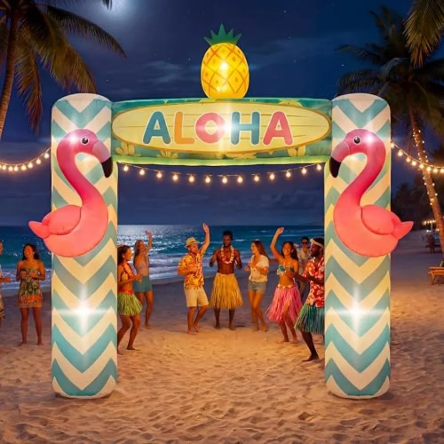 

Party arch for tropical beach and pool events, PVC inflatable with LED lights, vibrant blue-green color, quick-setup and weathe