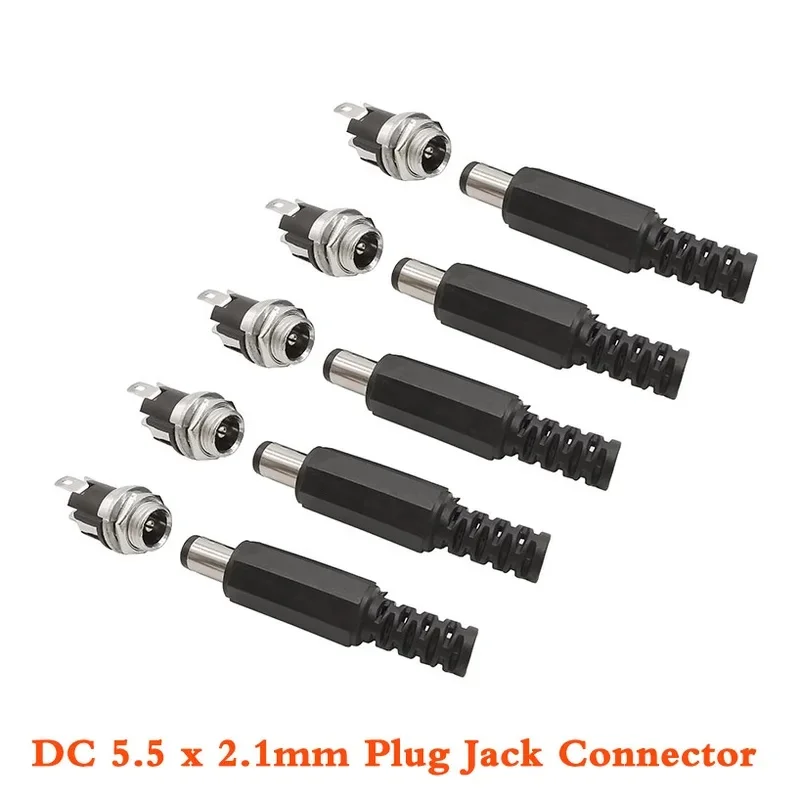 DC Power Male Female Adapter 5.5x2.1mm DC Power Plug Jack Socket Panel Mount Soldering Connector DC-025M 12V 5.5mm*2.1mm