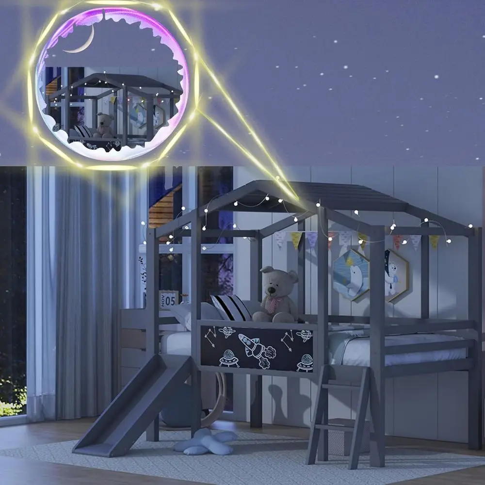 

Twin Size Wooden Bunk Bed with Ladder, Slide, and Chalkboard, Gray, for Kids
