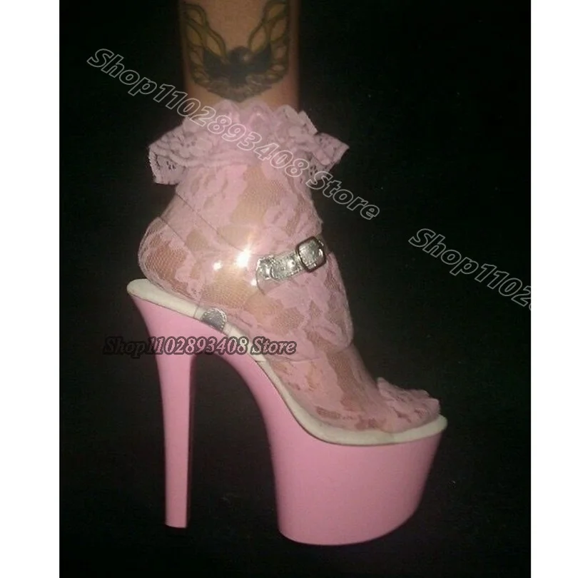 Pink Clear PVC 15CM Sandals Solid Ankle Buckle High Heels Platform Stylish Women Pole Dance Sexy Sandals Zapatos Para Mujere