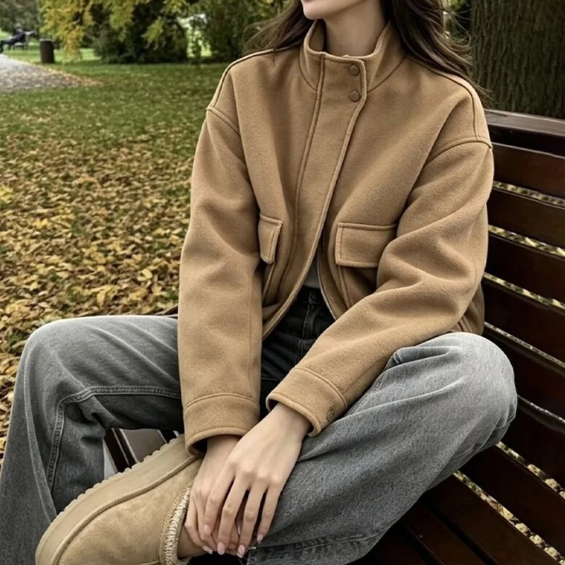 Minimalist Women's Pilot Jacket Stand Collar Solid Color Long Sleeve Zipper Loose Coat Spring Autumn Chic Street Bomber Jackets