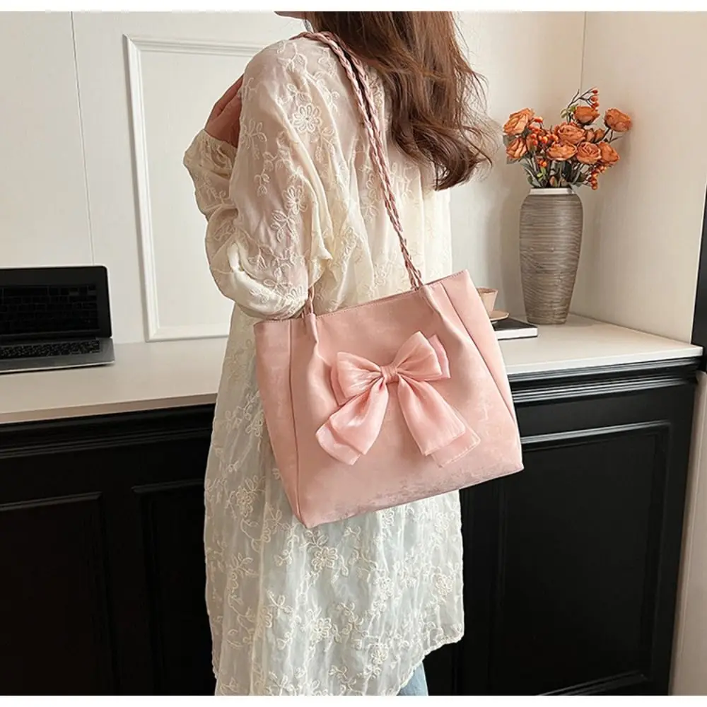 

Fashion Bowknot Shoulder Bag Ballet Style Solid Color Tote Bag Braid Strap Hand Bag