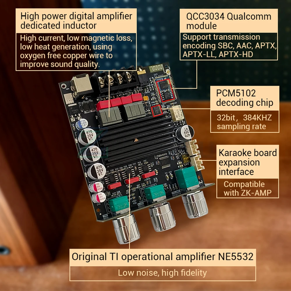 

ZK-1002Q Bluetooth Amplifier Board QCC3034 APTX-HD TPA3116D2 Chip 100W+100W 2.0 Channel Lossless Audio Amp Module for Home KTV