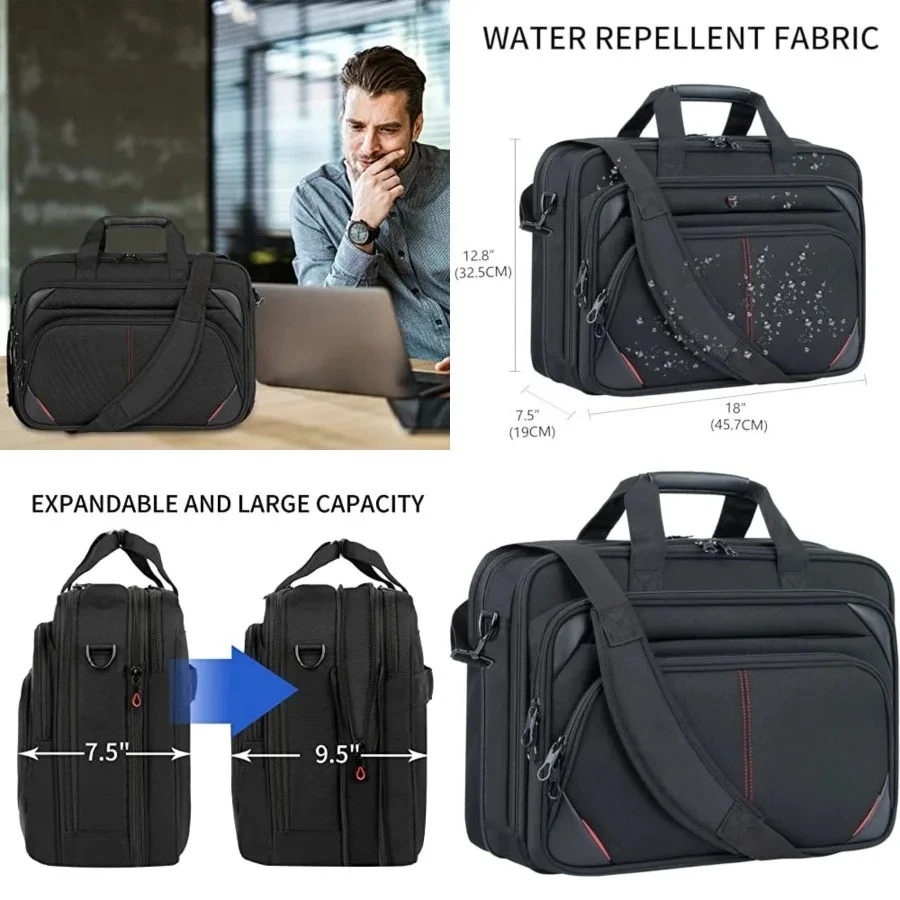 

Laptop Bag 17.3 Inch Premium Laptop Briefcase, Expandable Water Repellent Laptop Shoulder Messenger Bag Durable Computer Case for Business/Travel/Men/Women (Black/Red)